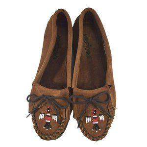 Minnetonka Leather Flats Moccasins Women 7.5 Beaded Brown Slip On Stitched Shoes